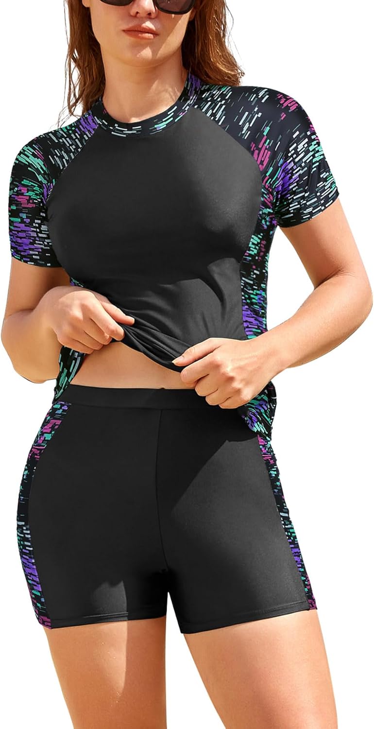 SHEKINI Women's Built in Bra Rash Guard Set 2 Piece Swimsuits with Short Sleeved Top & Boyshort