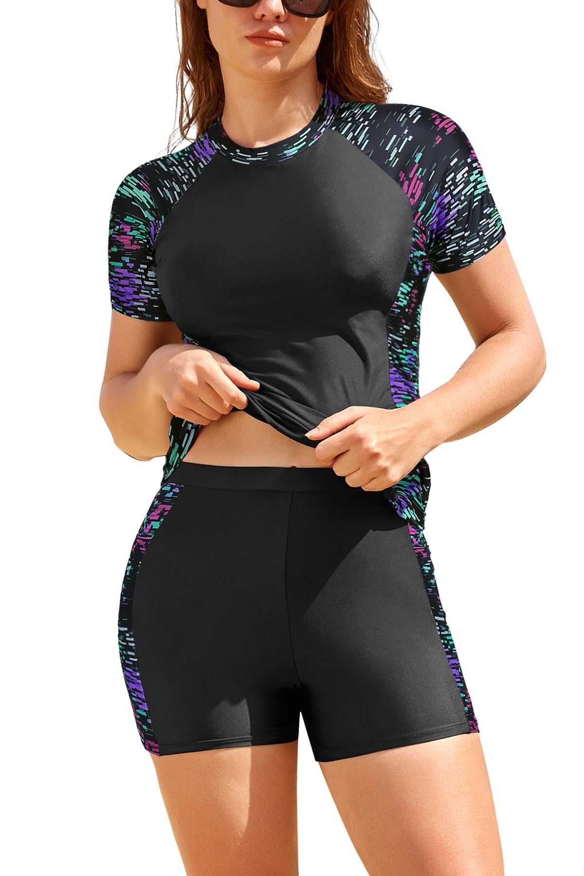 SHEKINI Maillot de bain 2 pièces Rashguard pour femme avec soutien-gorge intégré, maillot de bain à manches courtes et shorty avec poches