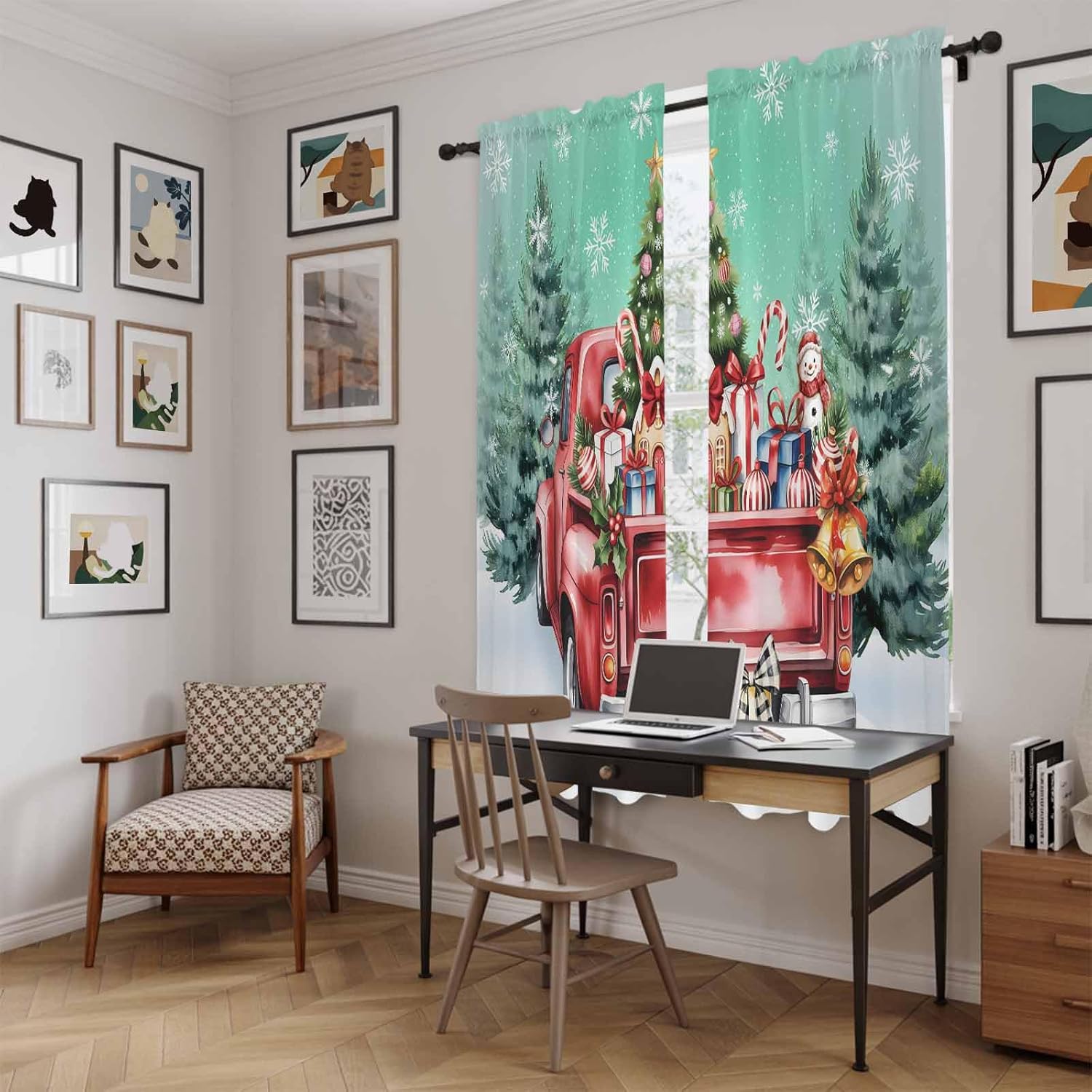 Christmas Teal Green Window Curtains 72 Inch Long 2 Panel Set,Rod Pocket Long Curtains & Drapes,Winter Xmas Tree Red Truck Snowflakes Window Treatment for Bedroom Living Room 52"W x 72"L