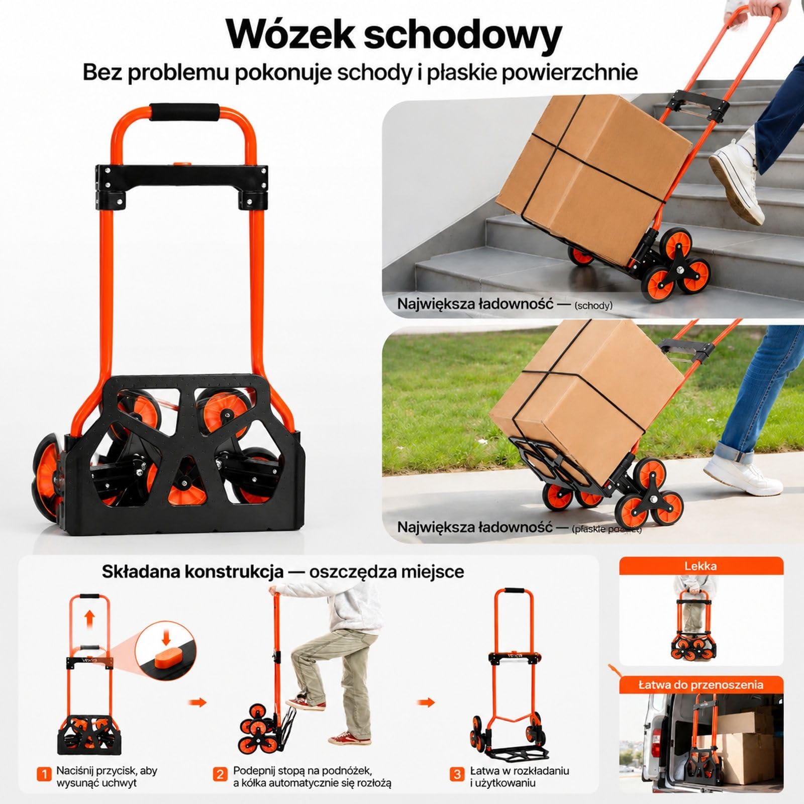Składany wózek schodowy transportowy, 6 kółek, 2 pasy napinające, teleskopowy uchwyt, rama ze stali węglowej, do domu, zakupów i magazynu