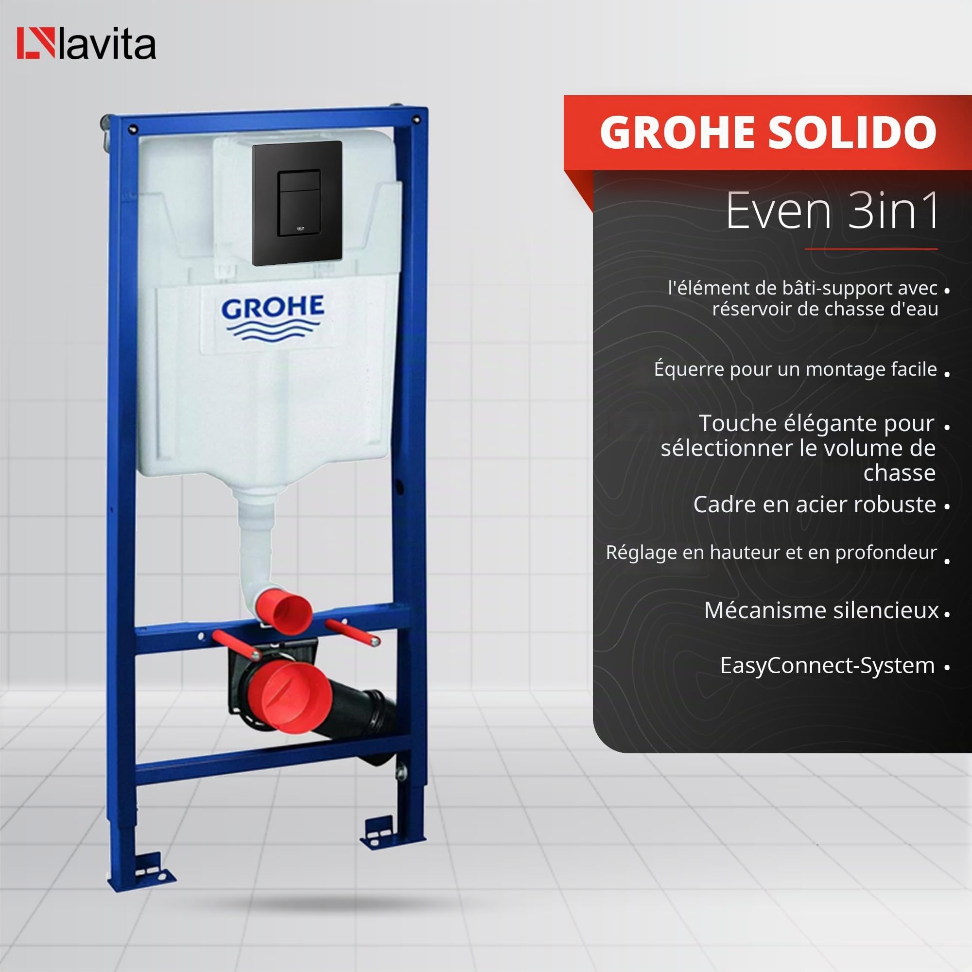 LAVITA | Élément mural Solido + WC suspendu mural Praia noir sans bord + abattant WC SoftClose | Bouton noir | Kit complet | Réservoir de chasse encastré | Kit complet | WC complet |