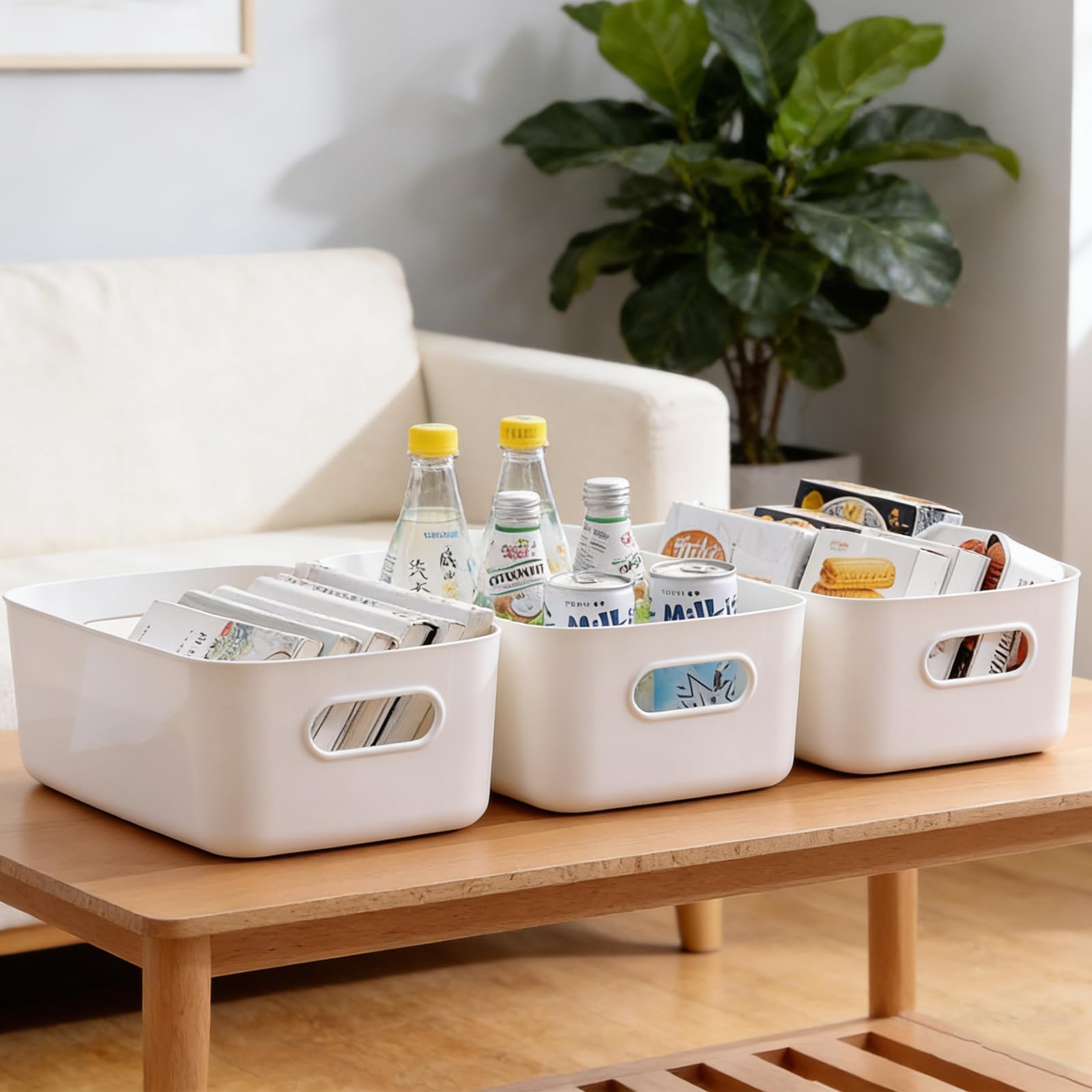 12 Pezzi Cestini Portaoggetti in Plastica Bianco Scatole Portaoggetti con Manici Contenitore Plastica Rettangolari Scatole Organizer Impilabile per Bagno Cosmetici Armadio Cucina Scaffale