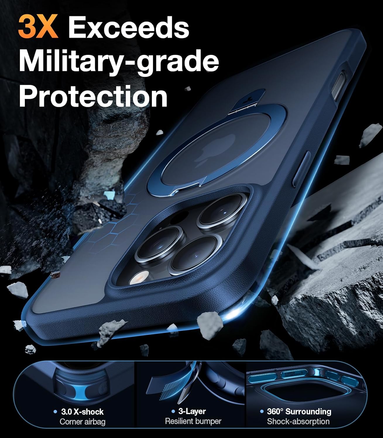 TORRAS Ultra Magnetic Ostand for iPhone 16 Pro Case [Fit for MagSafe] [Sturdy Stand & Ring Holder] Mil-Grade Shockproof Matte Anti-Scratch Slim Protective Kickstand Case, Navy Blue 6.3 inch - Image 4