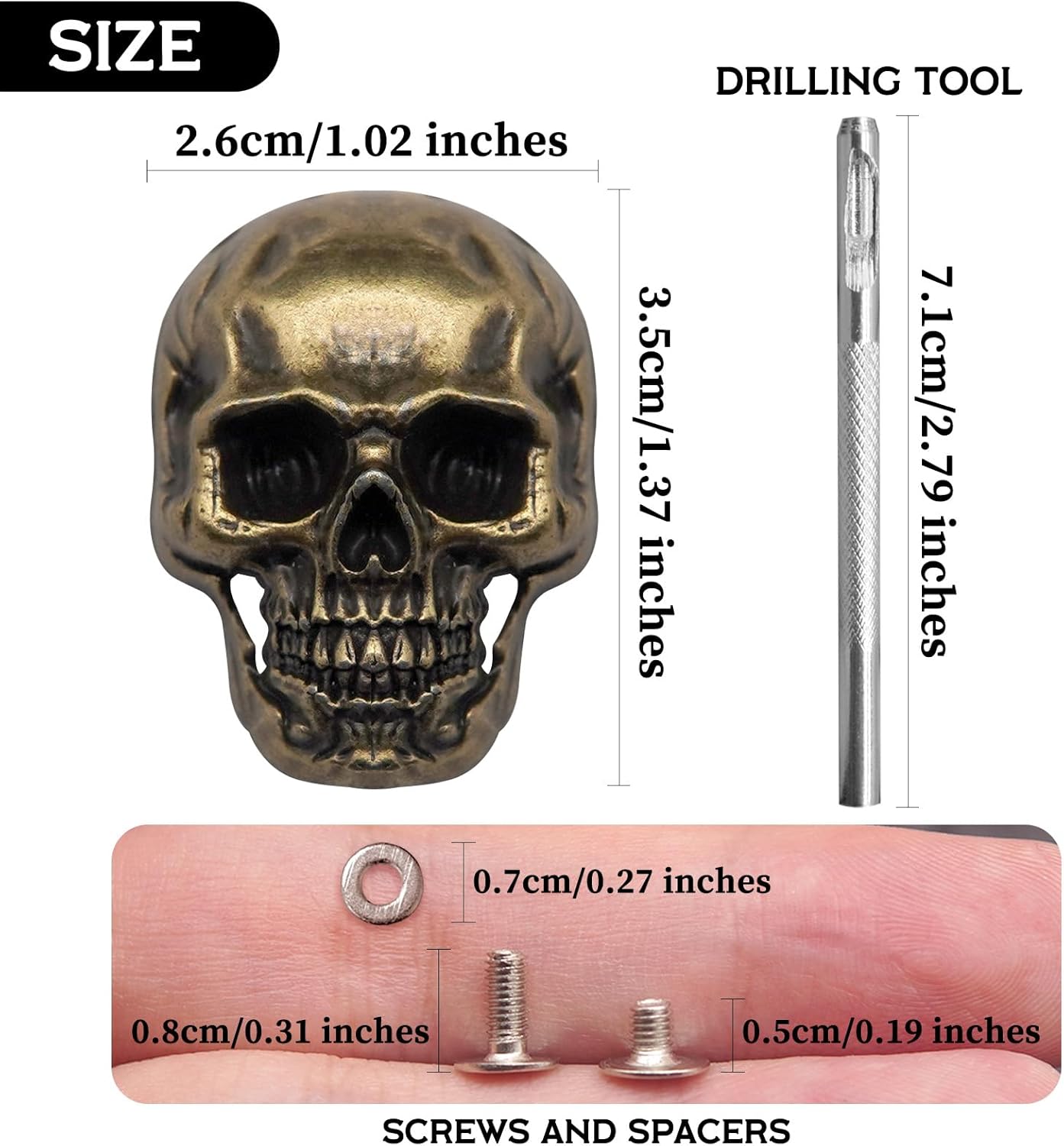 Sanyeyufeng 12Pcs Skull Rivets Buttons Skeleton Stud Goth Mental Conchos Pins for Leather Craft, Leather Belts, Shoes, Bags, Fabric DIY (Brass Color) - Image 5