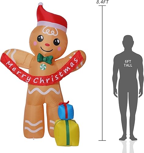 Miniatura 3 de Aesto 8.4 pies inflables de Navidad de hombre de jengibre con cajas de regalo, decoración inflable LED para exteriores interiores y exteriores