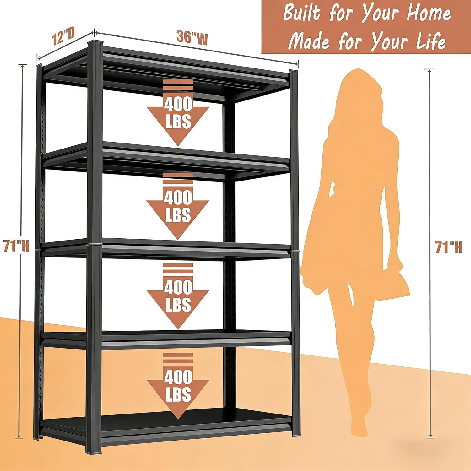 5-Tier Metal Storage Shelf Adjustable Kitchen Storage Rack 72" H x 36" W Black Metal Shelving Heavy Duty Shelving Unit 2000LBS Shelvs for Kitchen Pantry Basement Garage