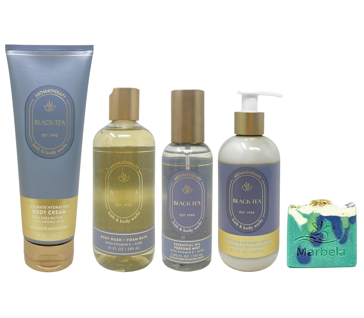 Bath & Body Works Aromatherapy Black Tea 4 Piece Gift Set - Body Cream, Body Wash, Essential Oil Mist and Body Lotion - with an Aloe Vera Bar Soap - Full Size
