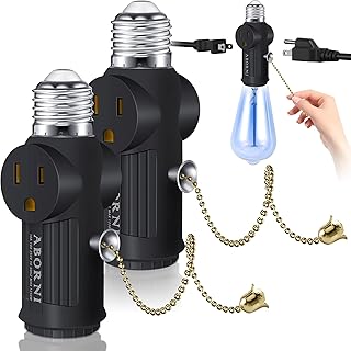 2 Pcs ABORNI 3 Prong Light Socket to Plug Adapter with Pull Chain, E26/E27 Light Bulb Outlet Socket Adapter, FCC Listed Light Socket Outlet, Extended Design Light Socket Adapter for Garage Porch (Black)