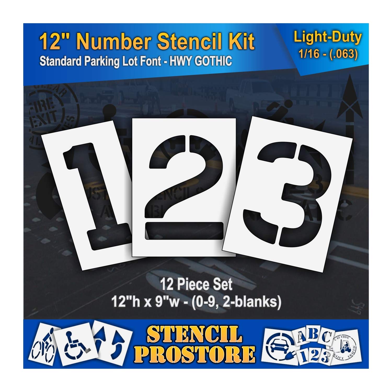 Pavement Stencils - 12 inch Number KIT Stencil Set - (12 Piece) - 12" x 9" x 1/16" (63 mil) - Light-Duty