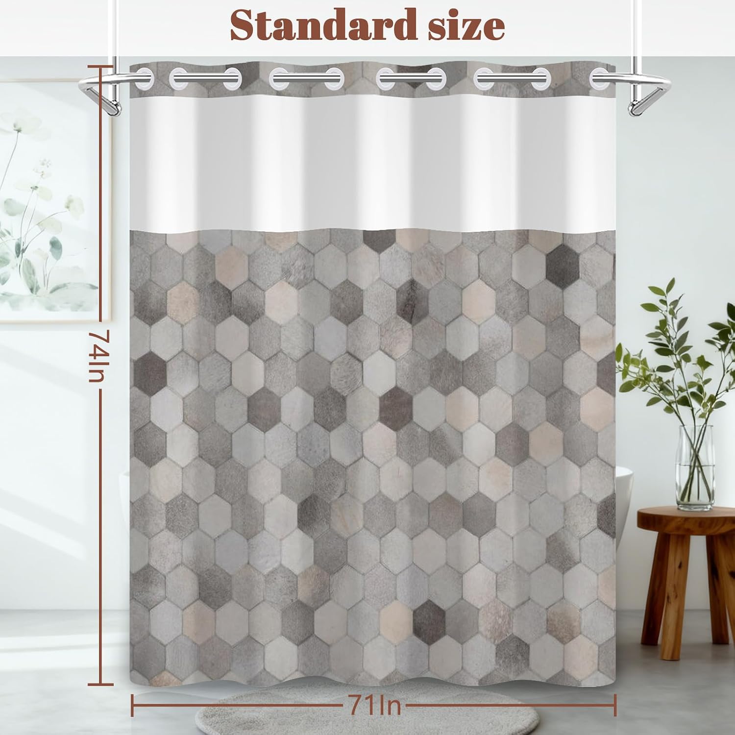 No Hook Hexagon Shower Curtain with Liner, 71x74 Inch image 2