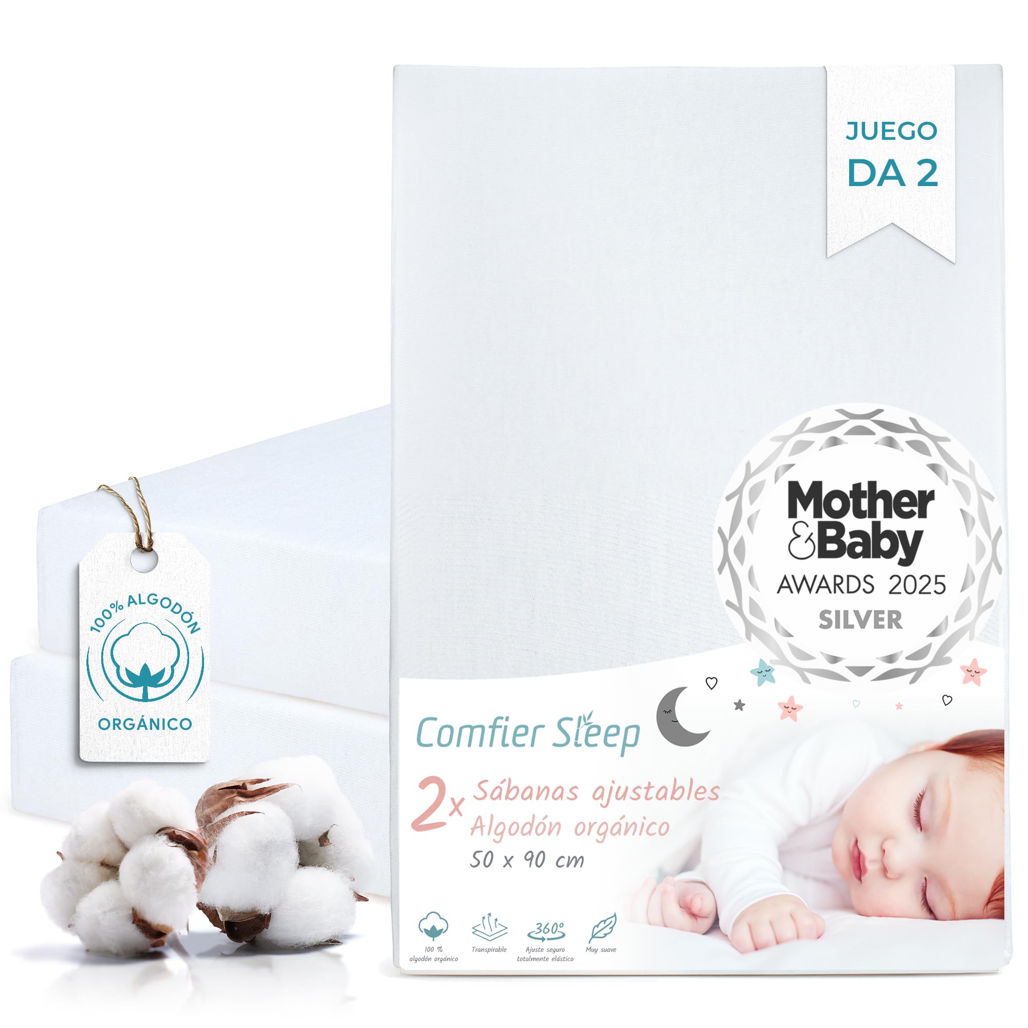 Sábana Bajera Minicuna 50x90 cm – 100% Orgánico Completamente Natural Juego de 2 Blanco Sabanas Minicuna – Suaves y Transpirables – Ajuste Elástico