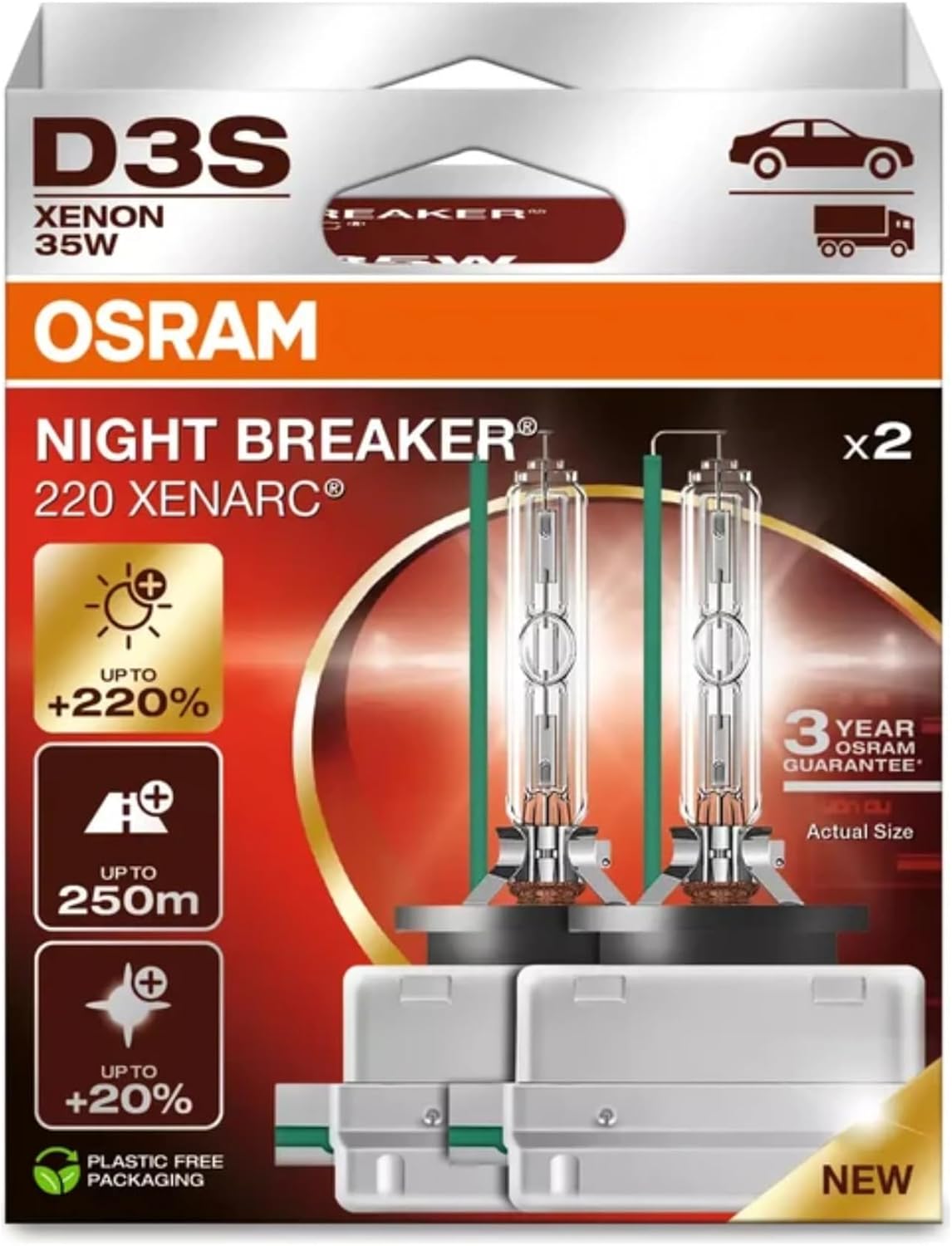 OSRAM XENARC NIGHT BREAKER LASER D3S, Next Generation, 220% more brightness, HID xenon bulb, 66340XNN-HCB, Duo Box (2 lamps), white