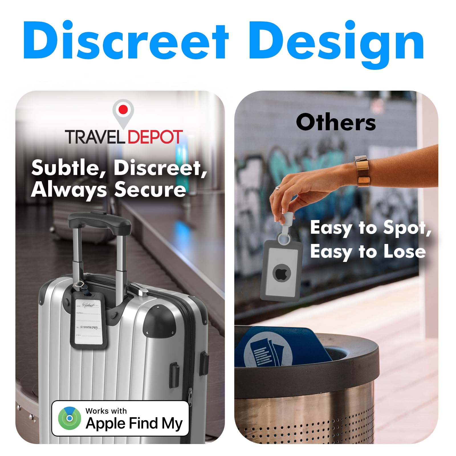 TRAVEL DEPOT Traqueur de bagages caché pour iPhone, étiquette Apple Find My Bagage, tracker de valise rechargeable sans fil et localisateur de bagages, étiquette de voyage étanche pour sacs