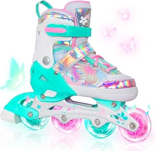MammyGol Adjustable Inline Skates for Girls Kids - Butterfly Design, Flashing LED Wheels, 4 Sizes, Beginner Roller Skates Indoor Outdoor