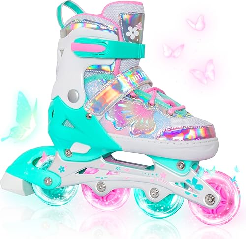 MammyGol Patines en línea para niñas y niños, 4 tamaños ajustables, patines de mariposa con ruedas intermitentes de colores vibrantes, patines para