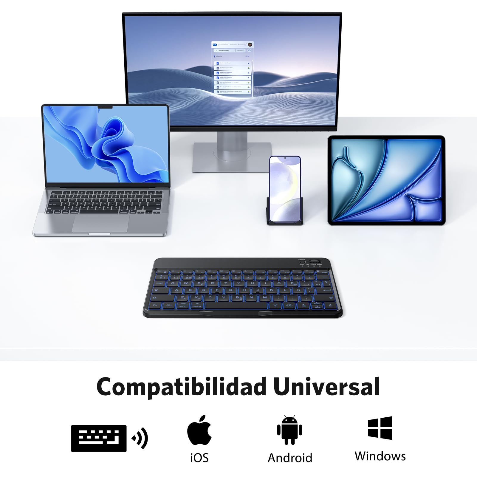OMOTON Tastiera Bluetooth per iPad/tablet con supporto per telefono | Tastiera per iPad con retroilluminazione, ricaricabile, QWERTY, tasti ingrandite, wireless, portatile, ultra sottile