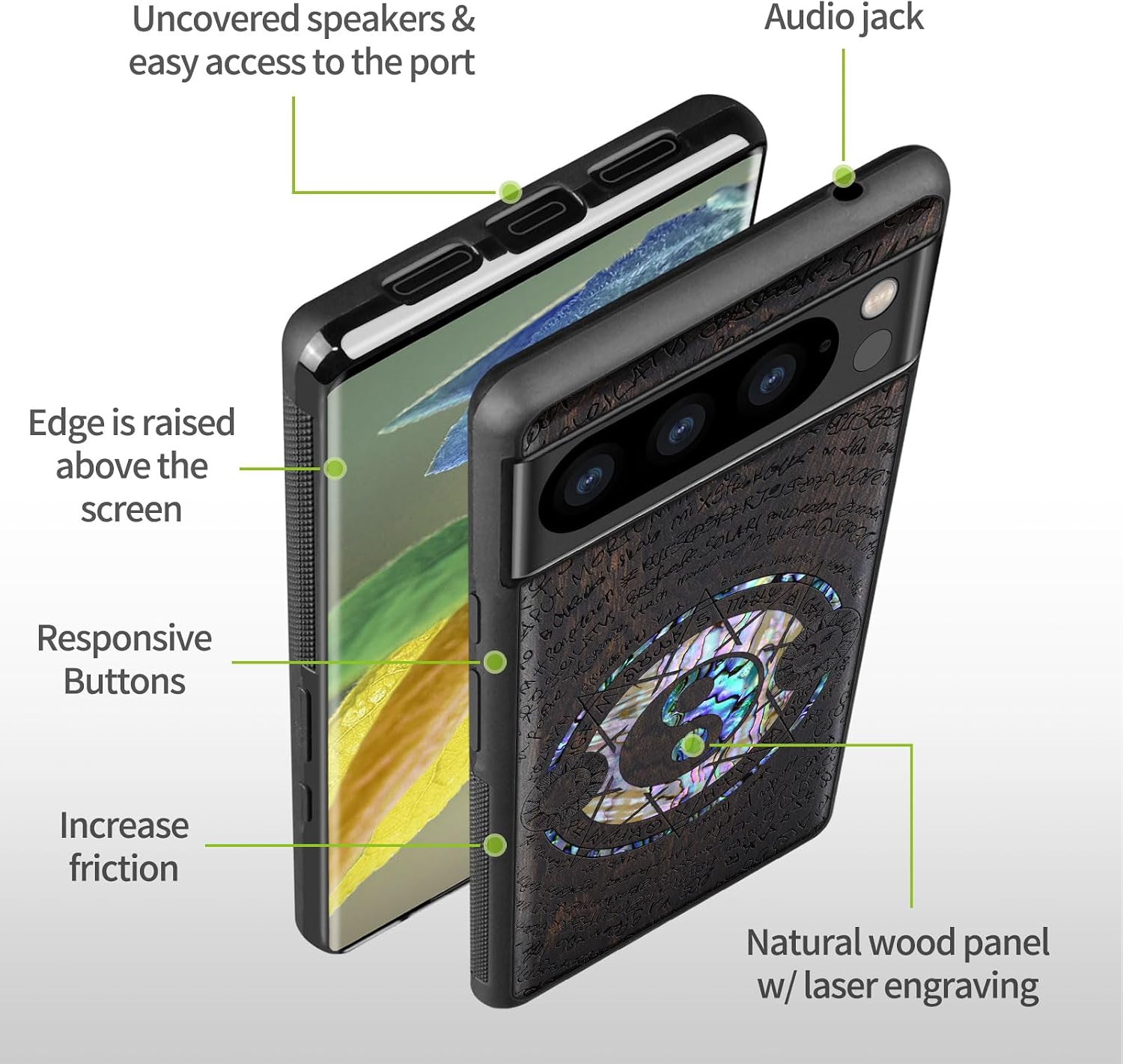 Carveit Designer Wooden Case for Google Pixel 8 Pro Case Cover [Wood Engraving & Shell Inlay] Compatible with Wireless Chargers Pixel 8 Pro (Yin Yang and Star-Blackwood)