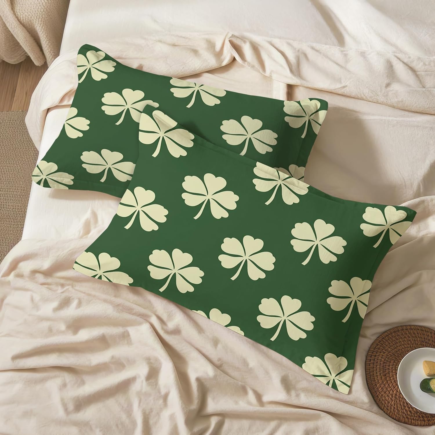 Clover Pillow Cases Standard Size Set of 2 - Lucky Shamrock Pillowcases with Envelope Closure, St. Patrick's Day Decorative Pillow Covers for Bed Couch, Soft Breathable Microfiber