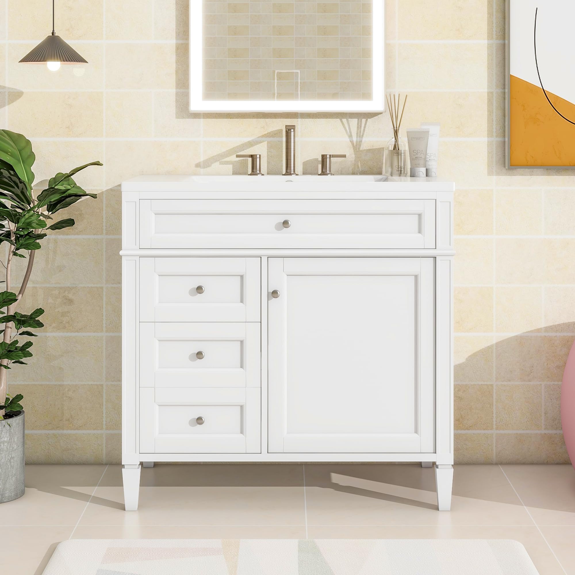 Amazon.com: White Shaker Bathroom Vanity Sink Base with Drawers 36 ...