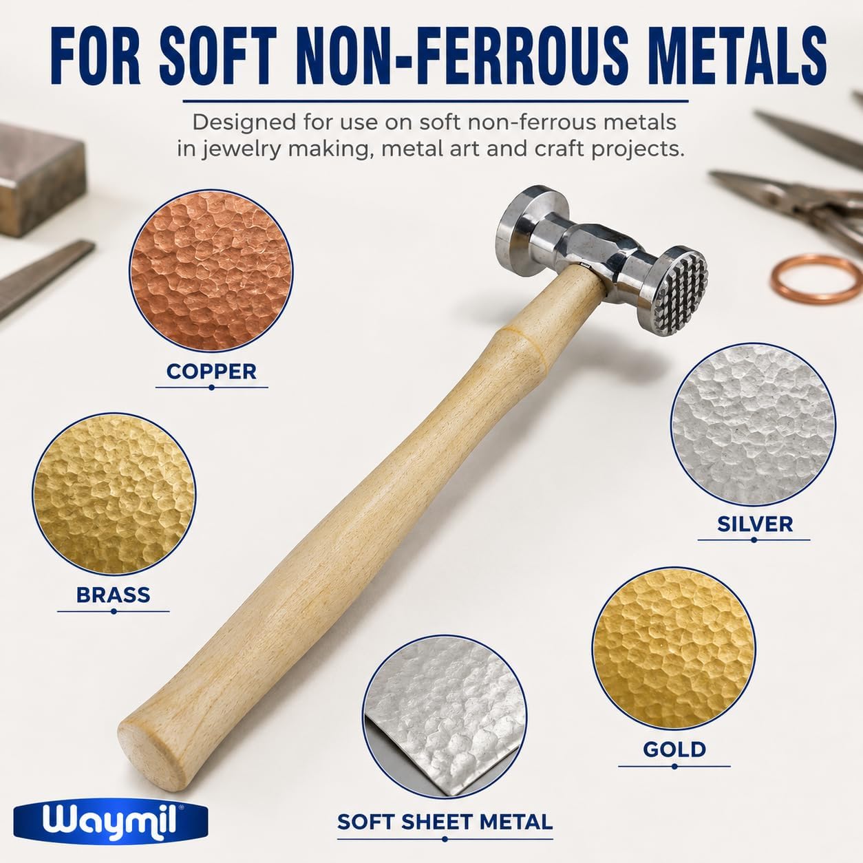 Texturing Hammer for Jewelry Making, Dual-Sided Metal Surface Design Hammer with Checkered and Striped Faces, Wood Handle, 10-3/4 Inch, for Copper, Brass, Silver and Soft Non-Ferrous Metals