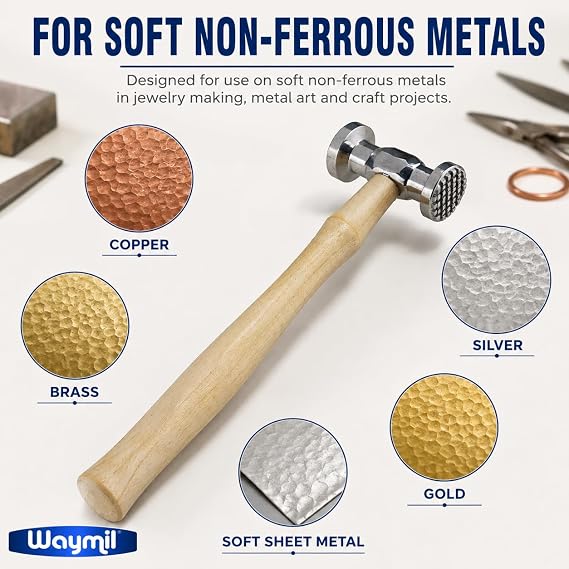 Texturing Hammer for Jewelry Making, Dual-Sided Metal Surface Design Hammer with Checkered and Striped Faces, Wood Handle, 10-3/4 Inch, for Copper, Brass, Silver and Soft Non-Ferrous Metals