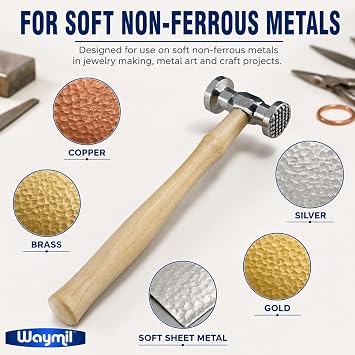 Texturing Hammer for Jewelry Making, Dual-Sided Metal Surface Design Hammer with Checkered and Striped Faces, Wood Handle, 10-3/4 Inch, for Copper, Brass, Silver and Soft Non-Ferrous Metals