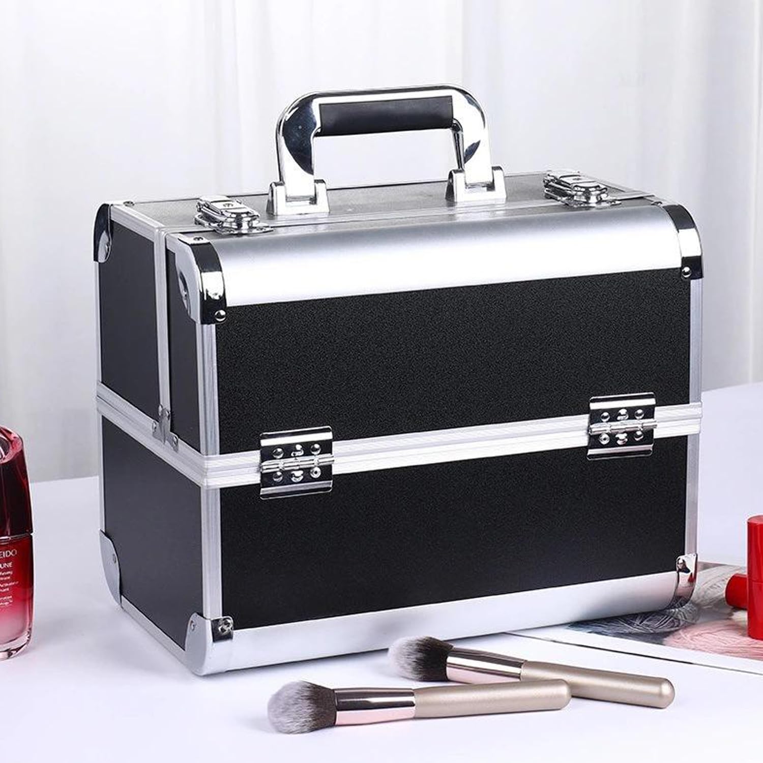 SIBY Aluminum Alloy Makeup Box/Organizer Case with 5 Compartments - Waterproof, Durable, and Portable Cosmetic Box- Black 1