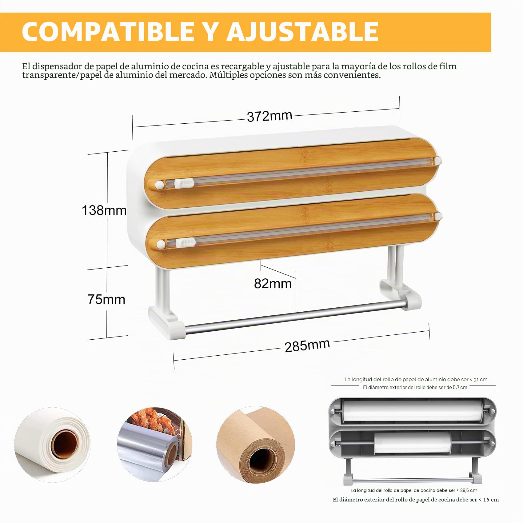 Dispensador Papel Aluminio y Film con Portarrollos Cocina - Organizador Mejorado Magnético de Papel Film Transparente con 50 Metros Film de Plástico, Soporte Papel Cocina 3 en 1, Blanco
