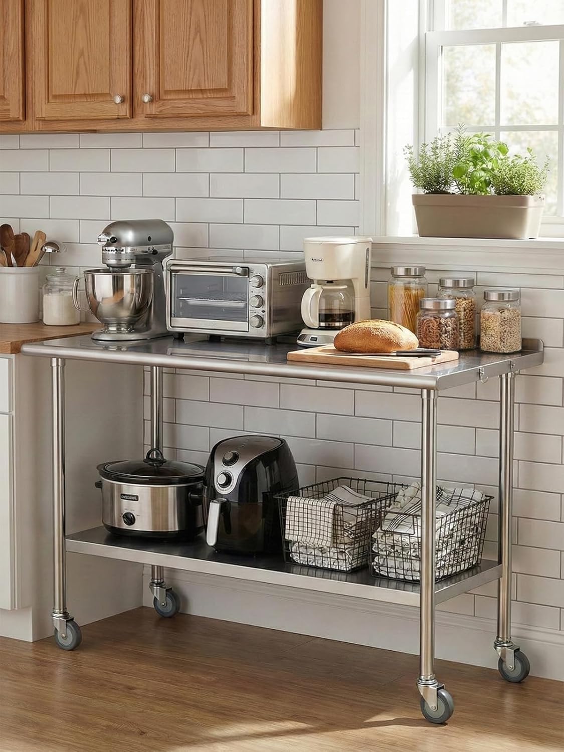 atelicf all-stainless steel prep table, 24 x 48 inches, with rounded-corner backsplash, wheels and adjustable undershelf, heavy-duty for bbq,restaurants,hotels,workshops,kitchens 24*48 inches backsplash & wheels