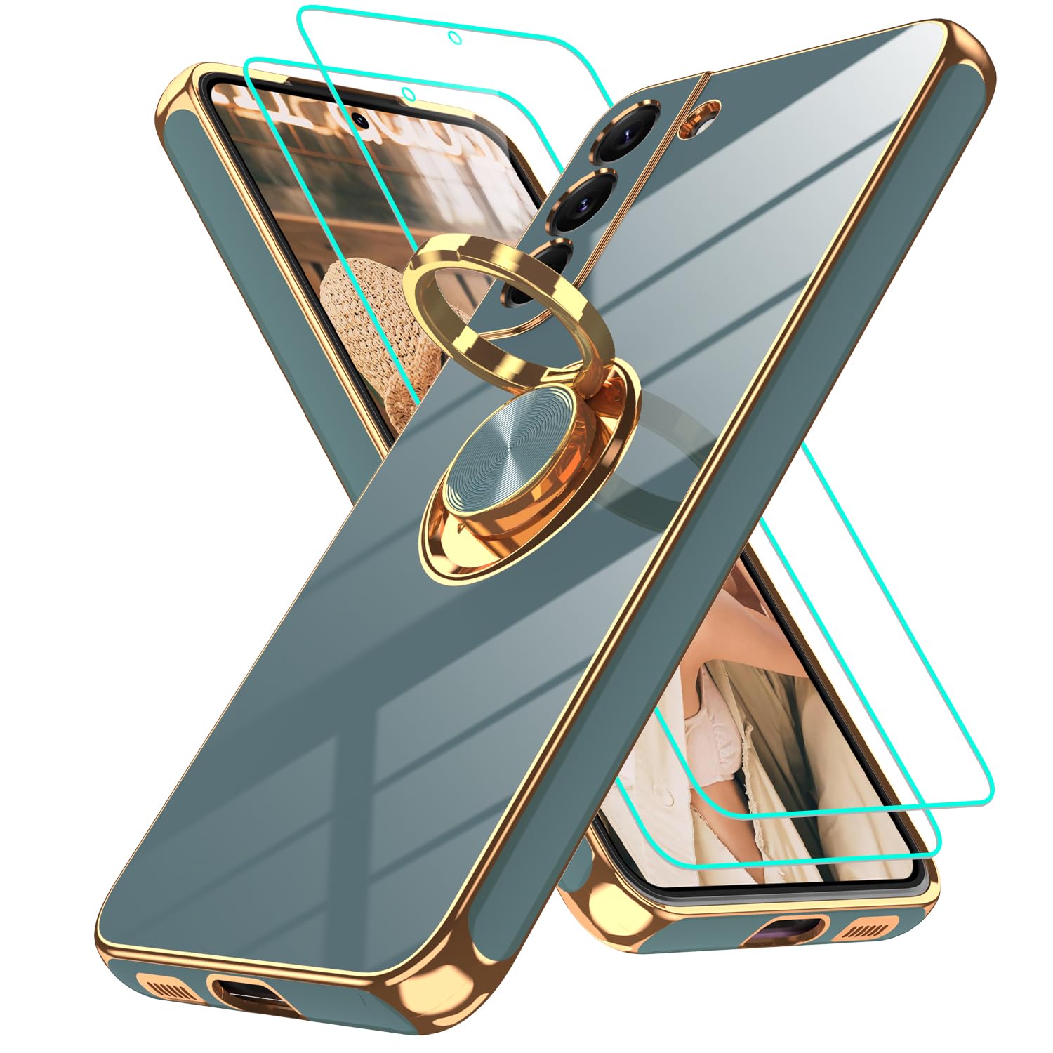 Gritup for Samsung Galaxy S22 Plus Case: with 2Pcs Screen Protector, 360° Rotation Ring Holder Magnetic Kickstand, Plating Gold Edge Soft TPU