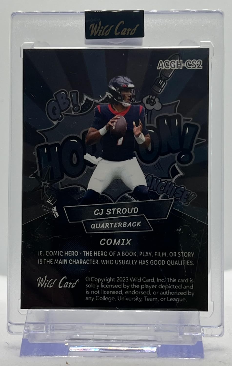 CJ Stroud Serial Numbered #17/18 Black/Blue/Black-Metallic Houston Silver Cross Hatch Foil Board Blue Jersey Rookie Card Encased Comix Collectible Football Card- 2023 Wild Card Alumination Comix Black Label CJ Stroud Edition #ACGH-CS2 (Texans)