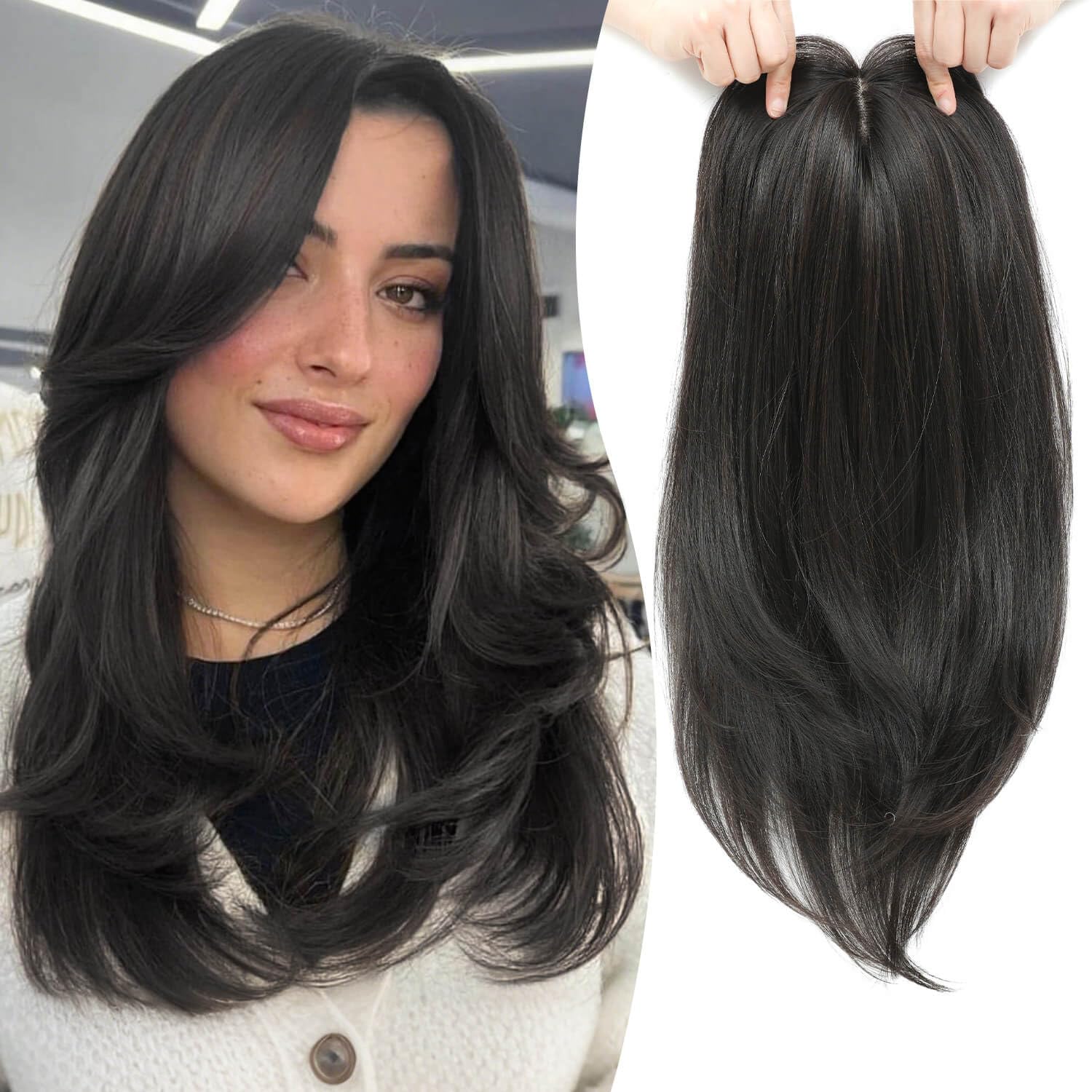 Ms Taj Postiche pour femme - 45 cm - Pour cheveux fins - Naturellement stratifiée - Pour plus de volume de cheveux - Postiche Haa synthétique avec frange - Marron foncé