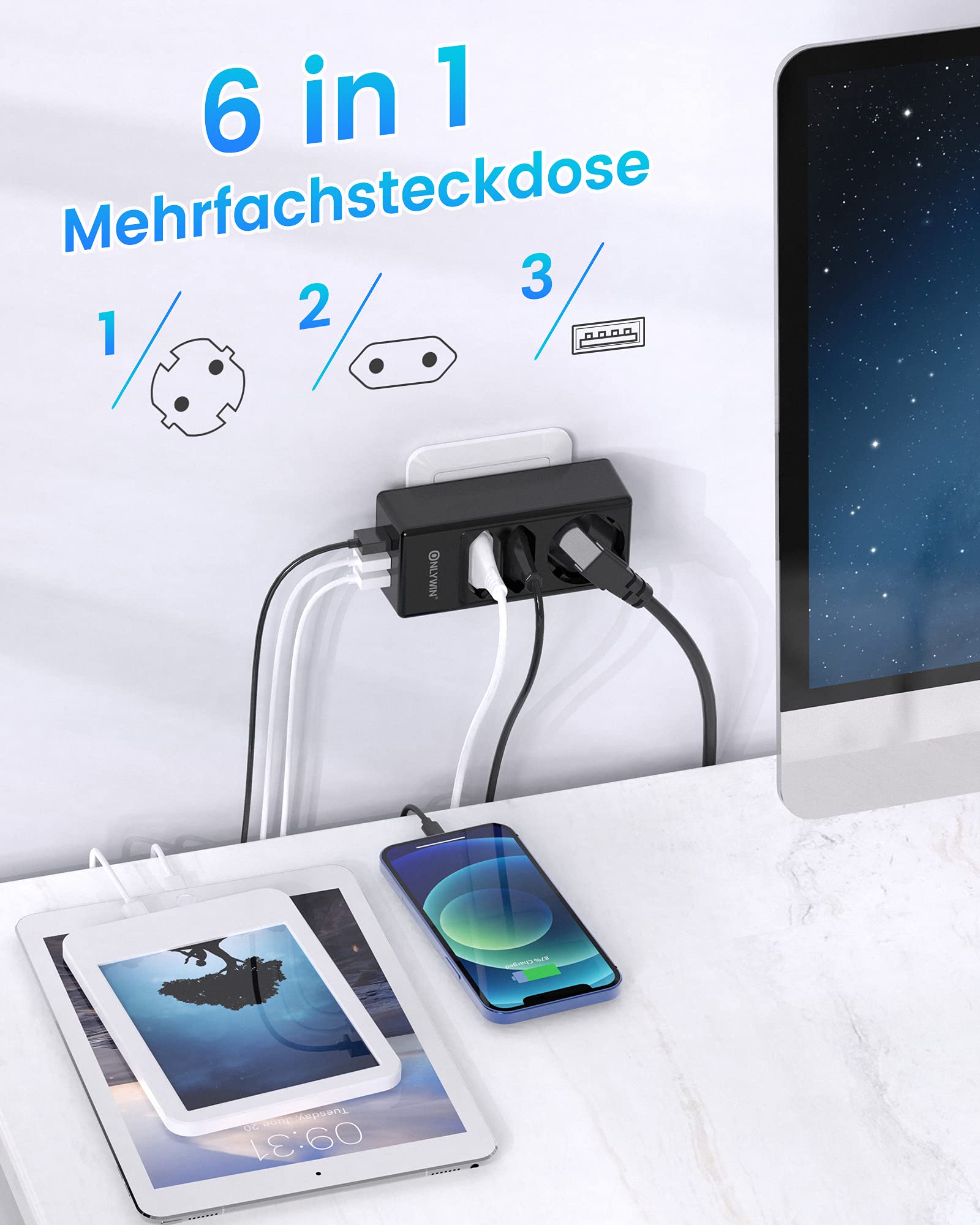 7-in-1 Mehrfachstecker Mit USB | Doppelstecker Für Steckdose | 4000W/16A | Mit USB-C & USB-A Anschlüssen