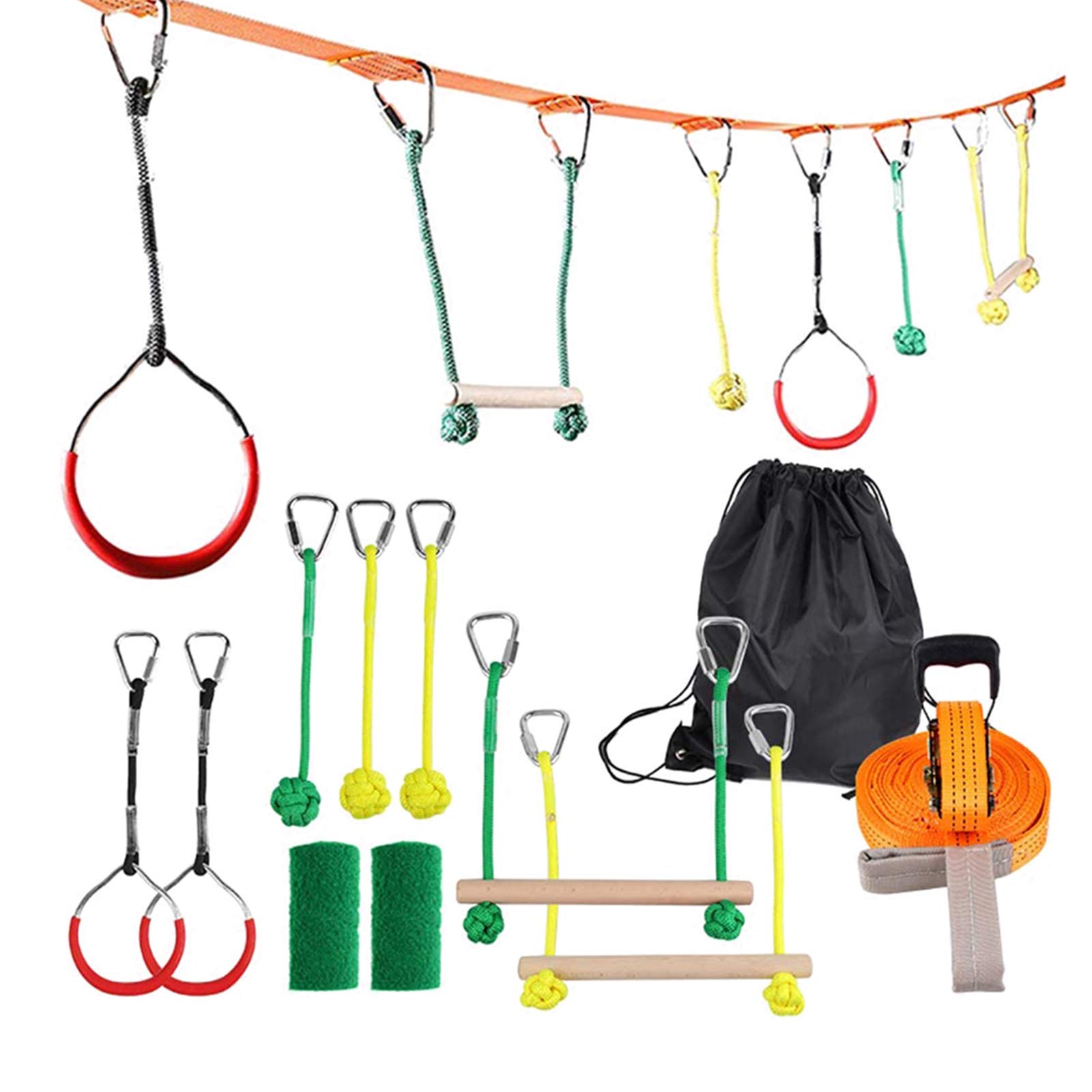 Portable 40 Foot Ninja Warrior Obstacle Course for Kids, Gym Swinging Obstacle Course Set Warrior Training Bars Gymnastics Rings with Carrying Bag Tree Protectors for Backyard Outdoor Playground