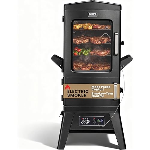 Electric Smoker with Cover, LED Display Build in Meat Probe Large Capacity BBQ Smokers, 4 Racks Smoke More with 633 sq in Cooking Area