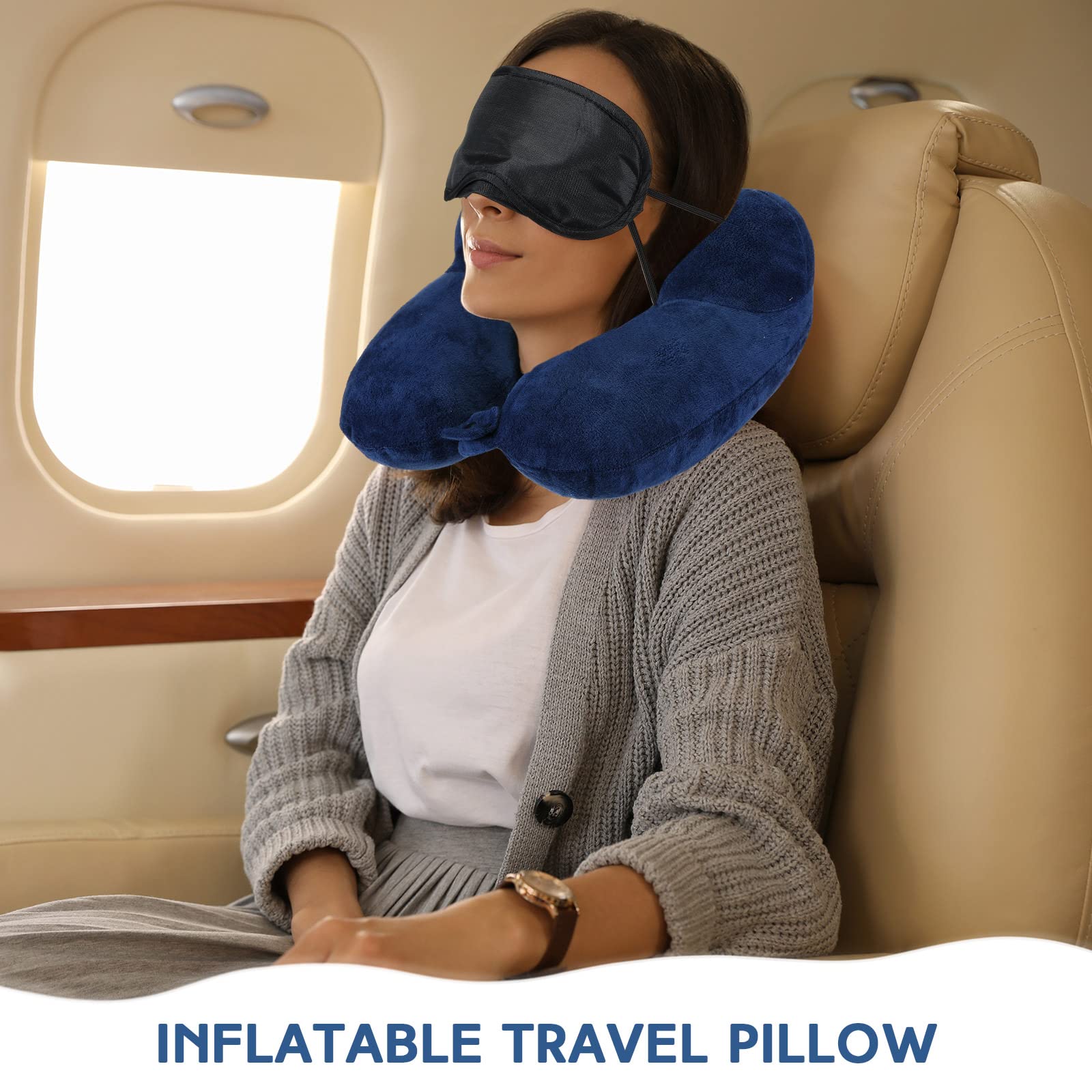 Sintuff Nadmuchiwana poduszka podróżna do samolotów, nadmuchiwana poduszka pod szyję z kompaktową torbą i opaską na oczy, miękka poduszka lotnicza do podróży, samolotu, pociągu, samochodu, biura, 2