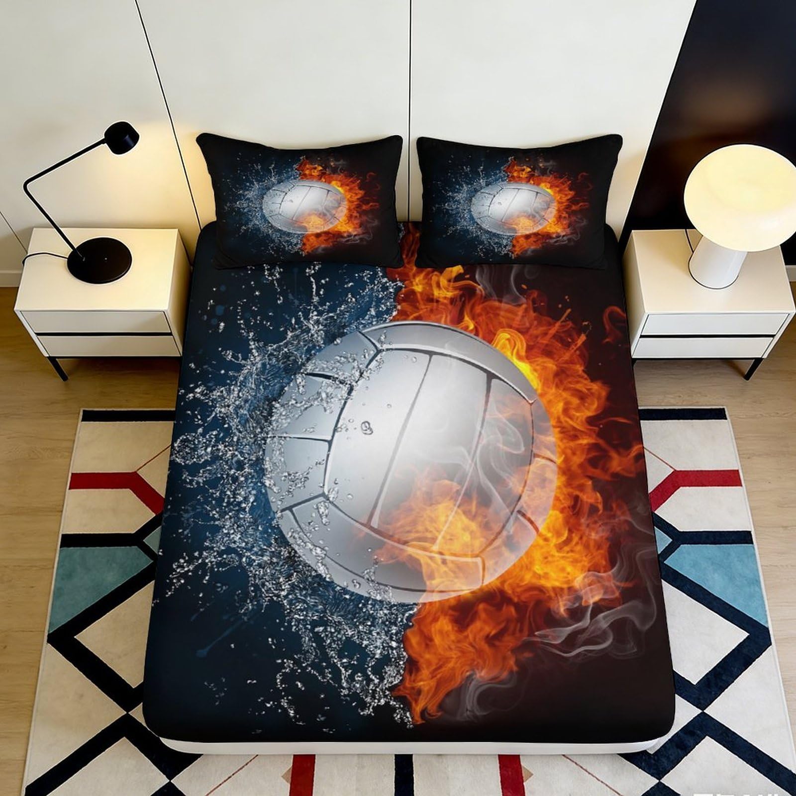 Pnayamiorkfel Style-10 3D Printed Volleyball Fire Water Fitted Sheet Microfiber Soft Mattress Cover For Bedroom Dorm Decoration Easy Care 90X200x25cm