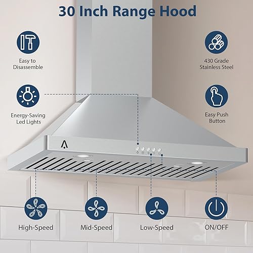 Miniatura 3 de Campana extractora de pared de 30 pulgadas, campana extractora de cocina de acero inoxidable de 400 CFM con luces LED, filtro apto para lavavajillas