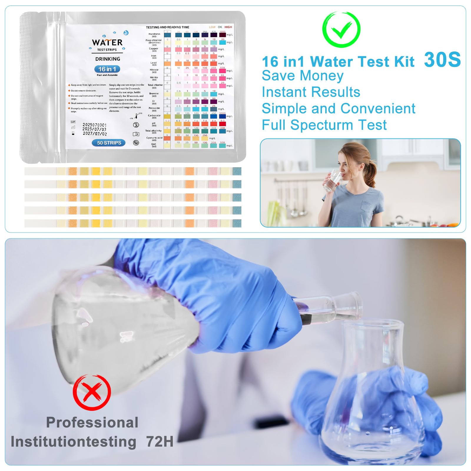 TNSLAND 16 en 1 Test eau Potable, 50 Pièces Test de La Dureté de L'Eau, Kit Analyse Eau, Test du PH, Plomb, Fer, Cuivre, etc., Convient pour L'Eau du Robinet Domestique, Aquariums, Les Piscines