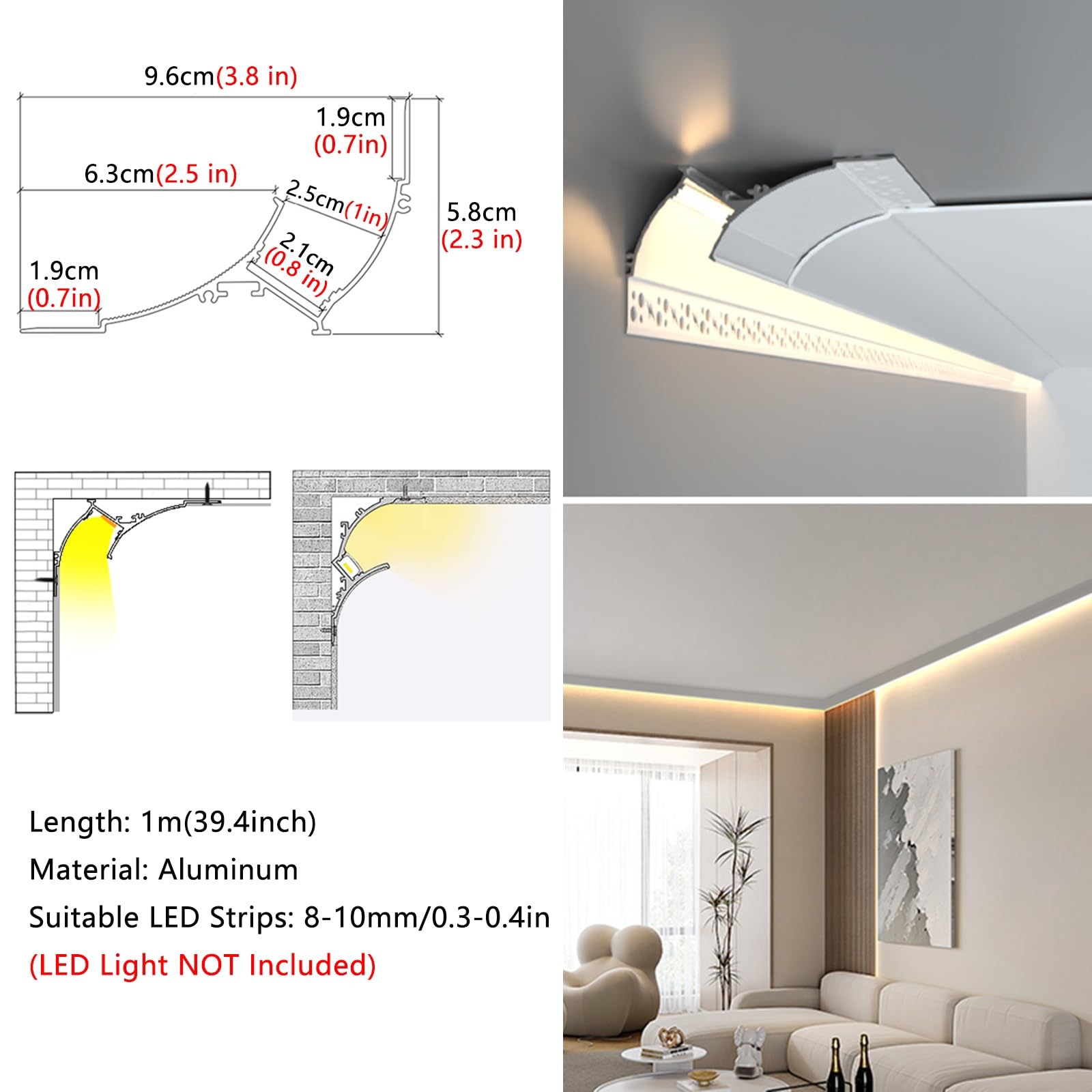 Illuminazione a LED per modanatura a corona per bordo di parete e soffitto, finiture in alluminio con canale diffusore, profilo decorativo per luce d'atmosfera