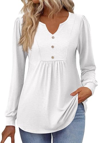 Long Sleeve Shirts for Women Casual Pleated V Neck Fall Tunic Tops Solid Button Down Blouse Dressy Loose T-Shirts