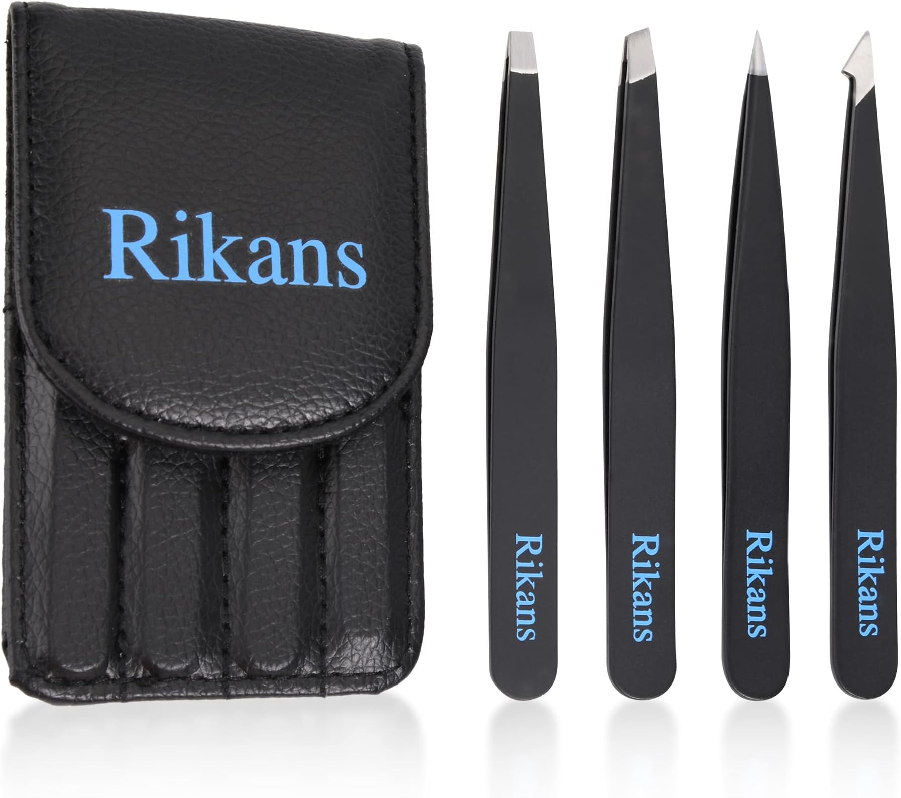 Rikans Tweezers for Facial Hair Women & Men Tweezers Set of 4 pcs Handy Carry Pouch Superior Stainless Steel tweezer Set.