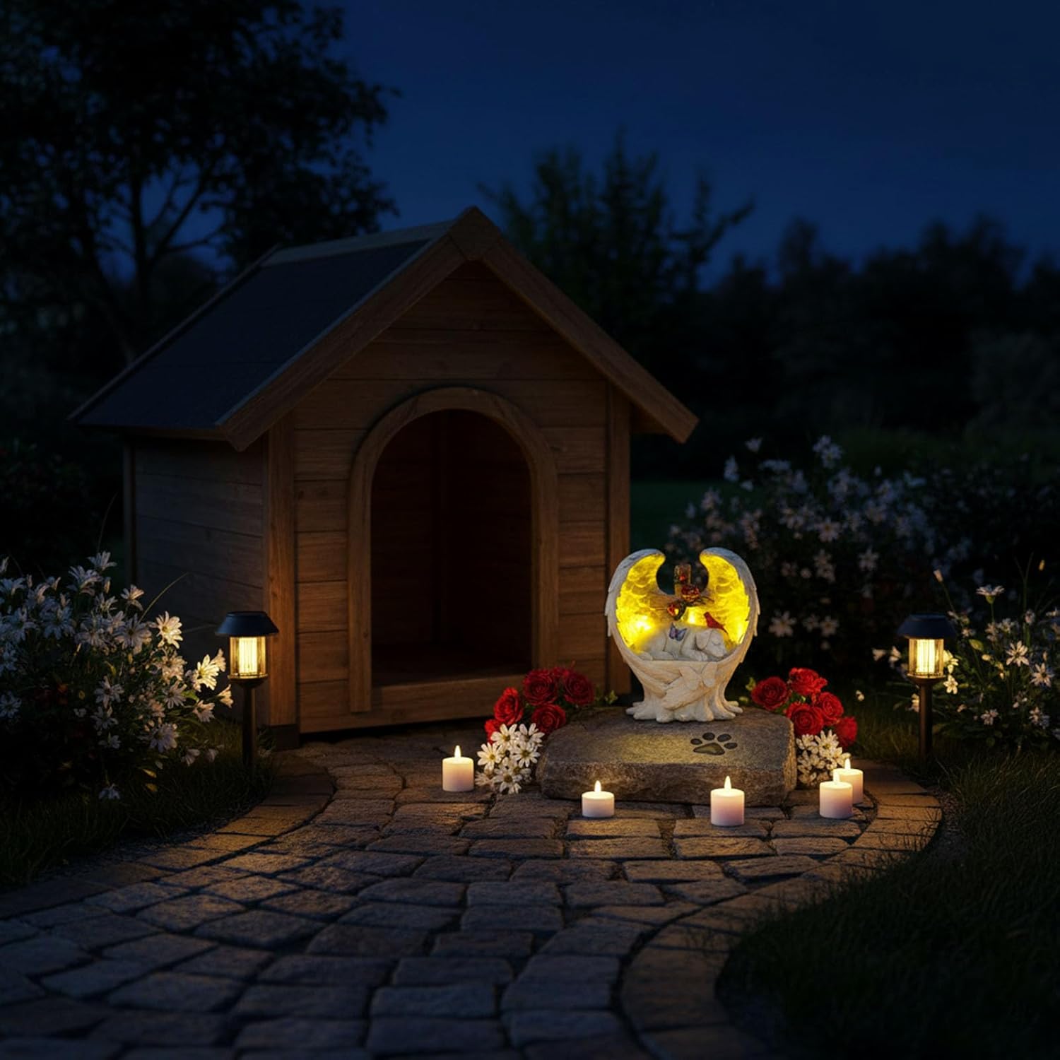 Solar Dog Memorial Stone with Angel Wings Cross Cardinal Passing Away Gifts, Sleeping Pet Grave Markers Dog Loss Sympathy Gift Resin Statue with Solar Lights for Garden Decor