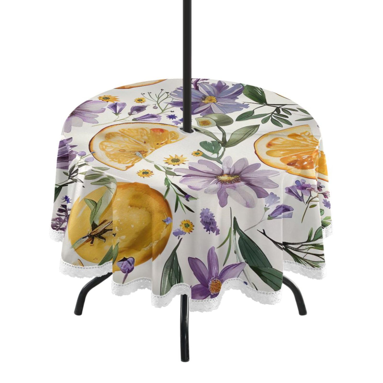 Wajiw 60 Inch Indoor Outdoor Round Tablecloth with Umbrella Hole and Zipper Waterproof Patio Table Cover for Camping Dining Room Party Outdoor Picnic,Lemons