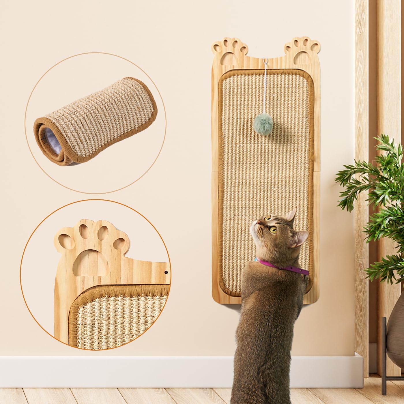 review Wall Mounted Cat Scratcher, Cat Wall Scratching Post, Sisal Cat Wall Scratcher with Cat Ball Toy, Wood Cat Scratching Board for Indoor, Cat Wall Furniture Scratch, Cat Wall Scratcher