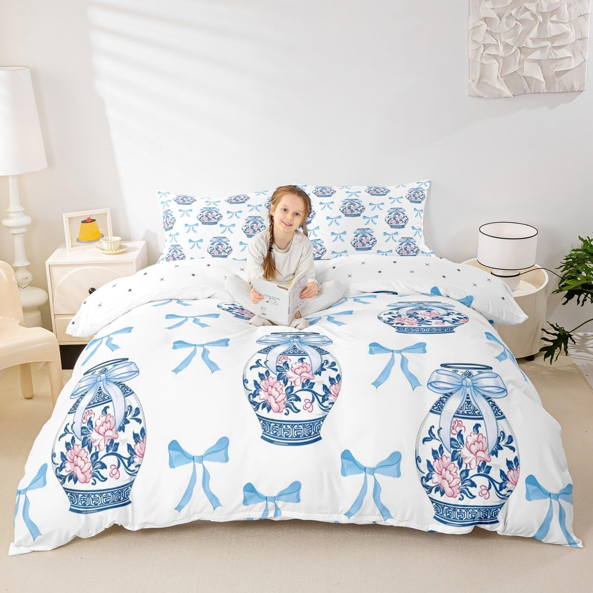 jejeloiu Vintage Floral Duvet Cover Kids Retro Flower Bedding Set Toddler Size Bow Comforter Cover for Room Decor Blue Bowknot with 1 Pillow Case,NO Comforter