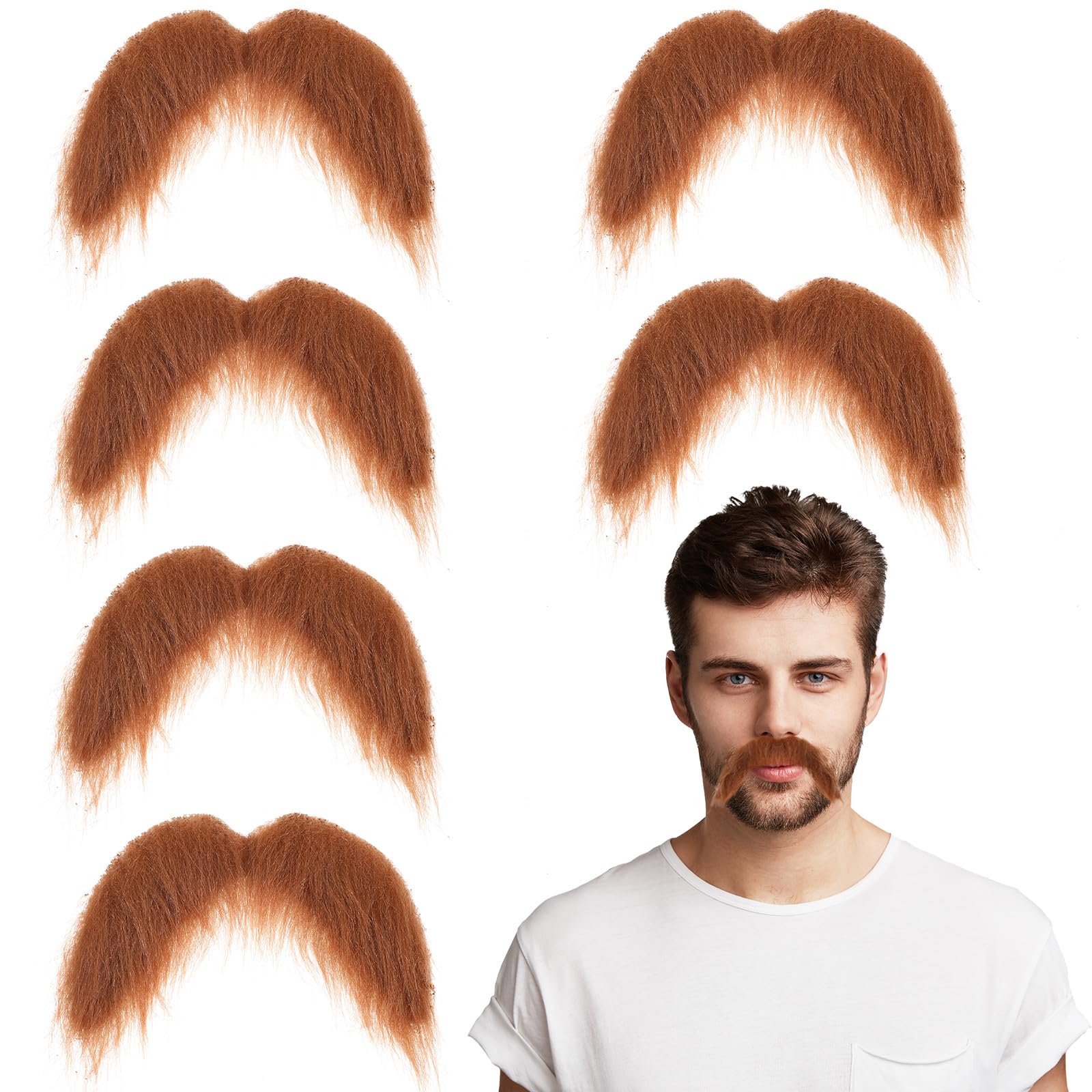 6 Pcs Brown Fake Mustaches, Stick On Mustache, Realistic Fake Facial Hair, Novelty Handlebar Fakes Beard for Cosplay Costumes, Theme Party and Halloween