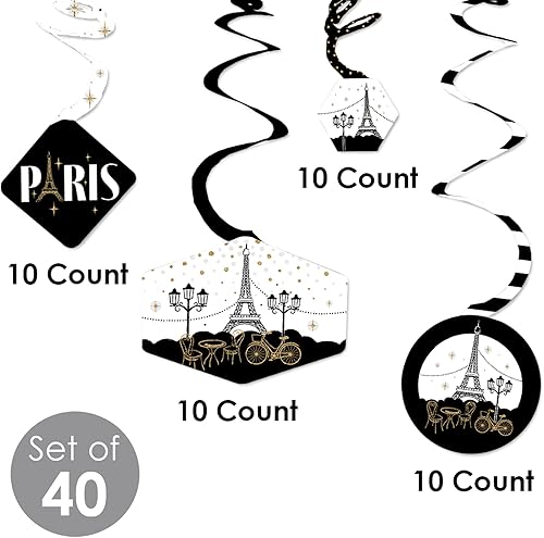 Miniatura 5 de Big Dot of Happiness Stars Over Paris - Decoración para colgar en fiestas con temática parisina - Remolinos de decoración para fiestas - Juego de 40