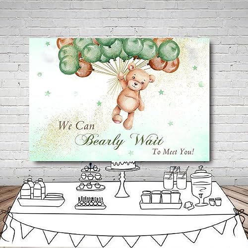 Miniatura 4 de MEHOFOND Telón de fondo de baby shower con texto en inglés "We Can Bearly Wait to Meet You" de 10 x 7 pies, globos verdes y marrones, purpurina