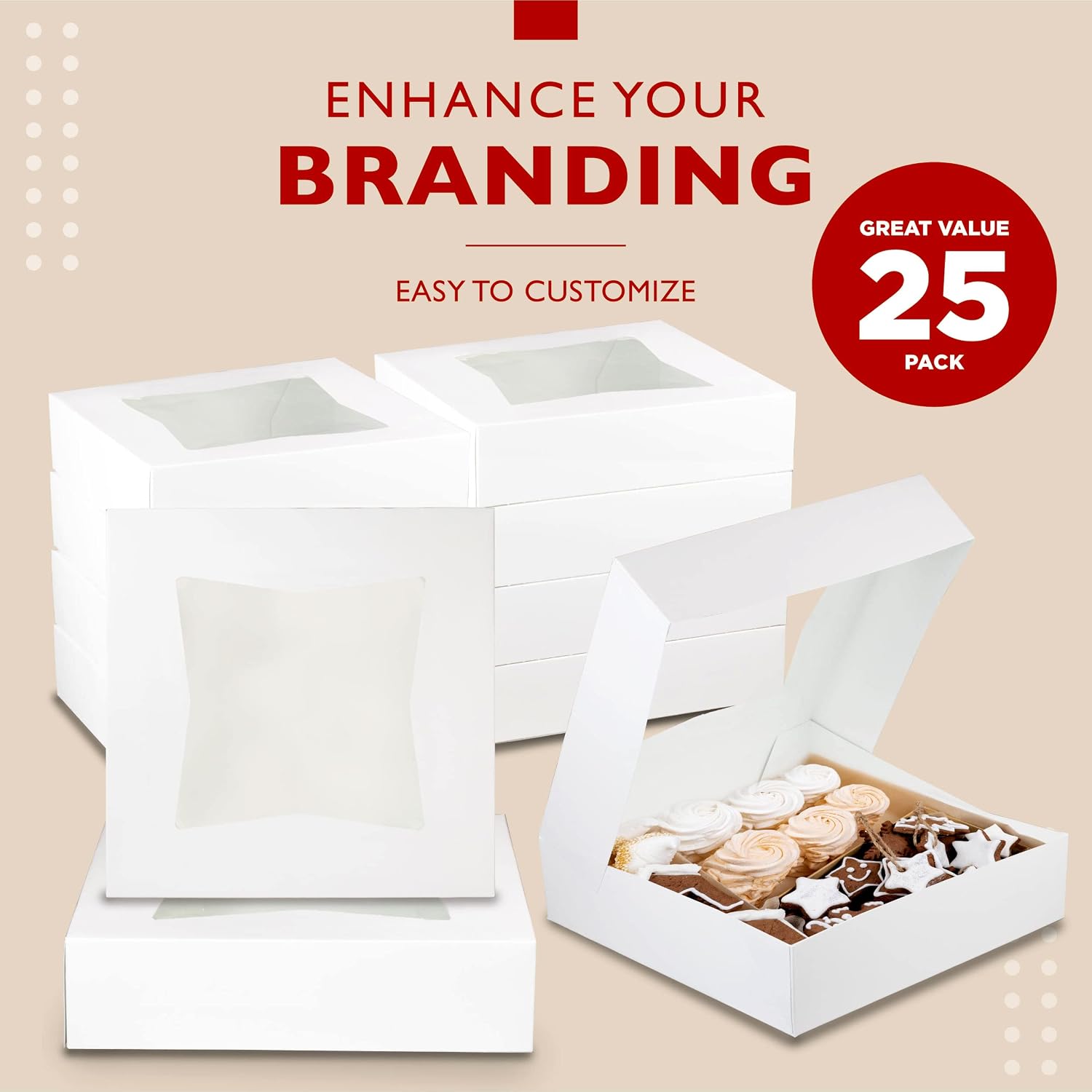 Fit Meal Prep [25 Pack] Bakery/Pie Box with Window 10x10x2.5 - White Cardboard Packaging for Cupcake, Cookies and Pastry, Restaurant Containers And Personalized Favors